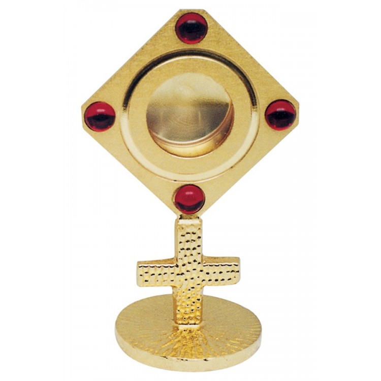 Reliquiario in ottone dorato con Croce teca da 3 cm.